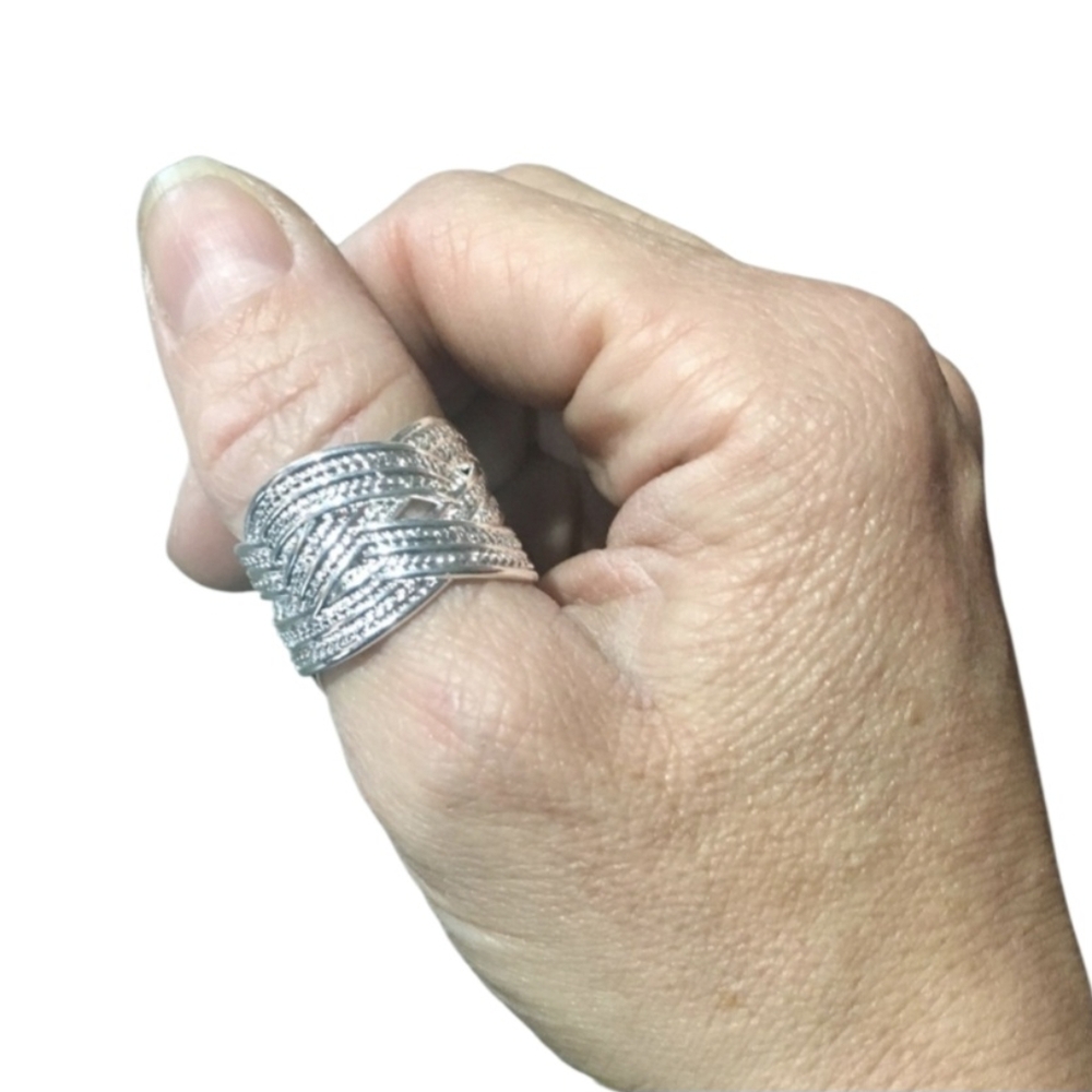 Silver Braided Weaved Wide Statement Band Adjustable Resizeable Ring Thumb Ring